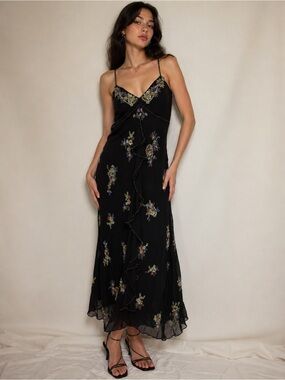Y2K Cache Silk Beaded Floral Maxi Slip Dress Babydoll Asymmetrical Ruffle Fairy